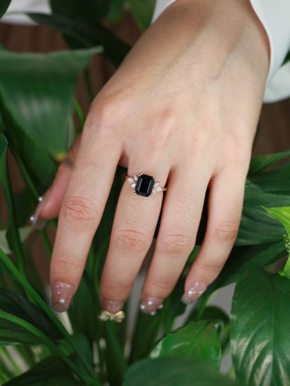 9x7mm Emerald Cut Black Onyx Ring In 14K Rose Gold