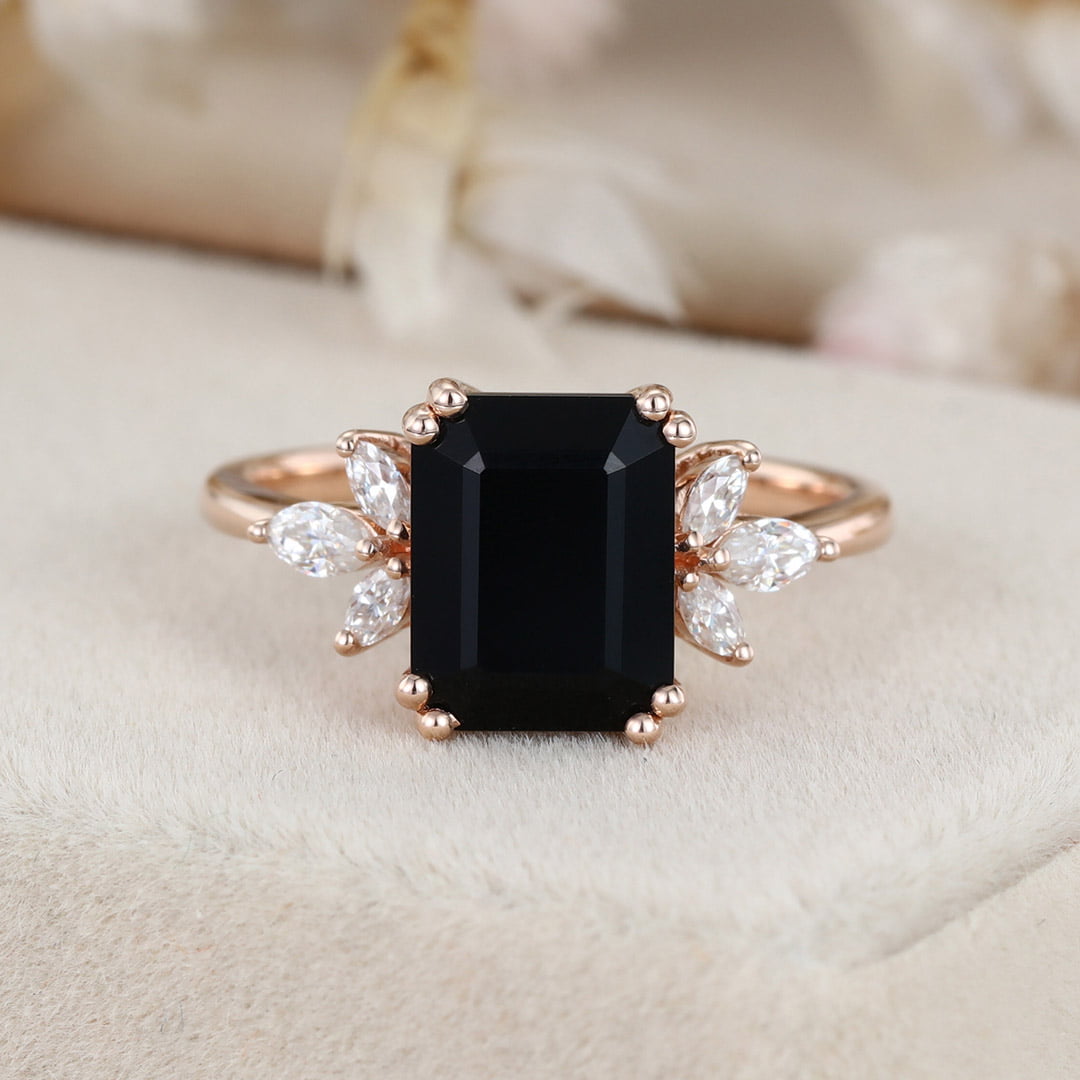 9x7mm Emerald Cut Black Onyx Ring In 14K Rose Gold