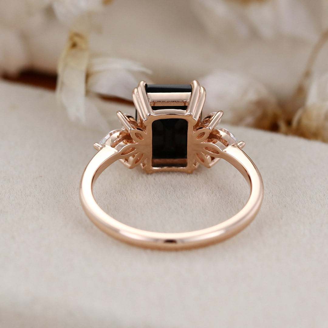 9x7mm Emerald Cut Black Onyx Ring In 14K Rose Gold