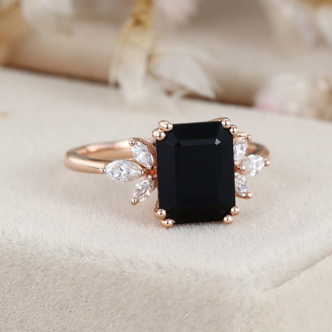 9x7mm Emerald Cut Black Onyx Ring In 14K Rose Gold