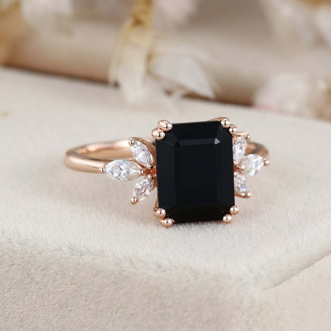 9x7mm Emerald Cut Black Onyx Ring In 14K Rose Gold