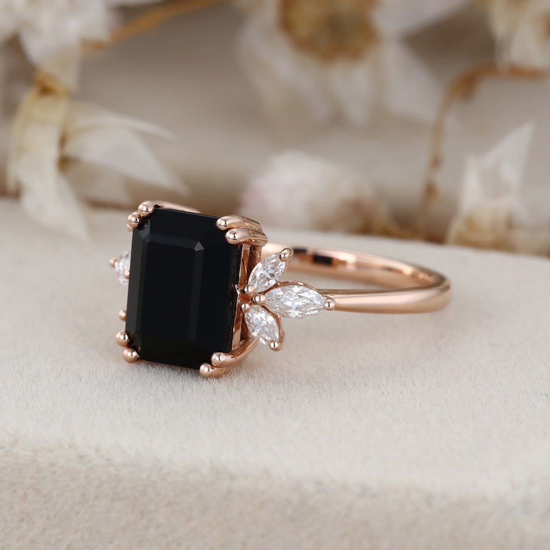 9x7mm Emerald Cut Black Onyx Ring In 14K Rose Gold