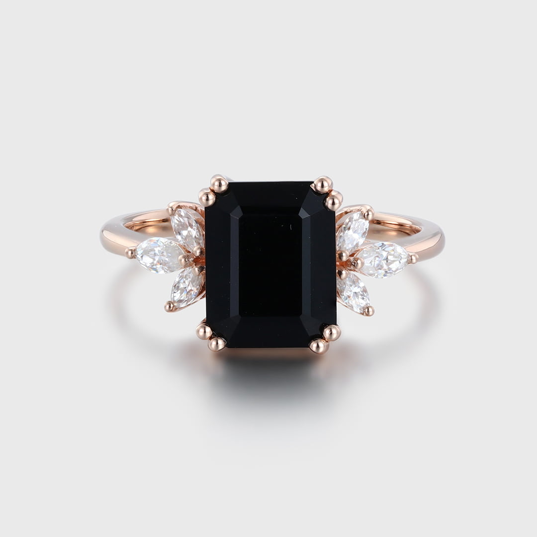 9x7mm Emerald Cut Black Onyx Ring In 14K Rose Gold