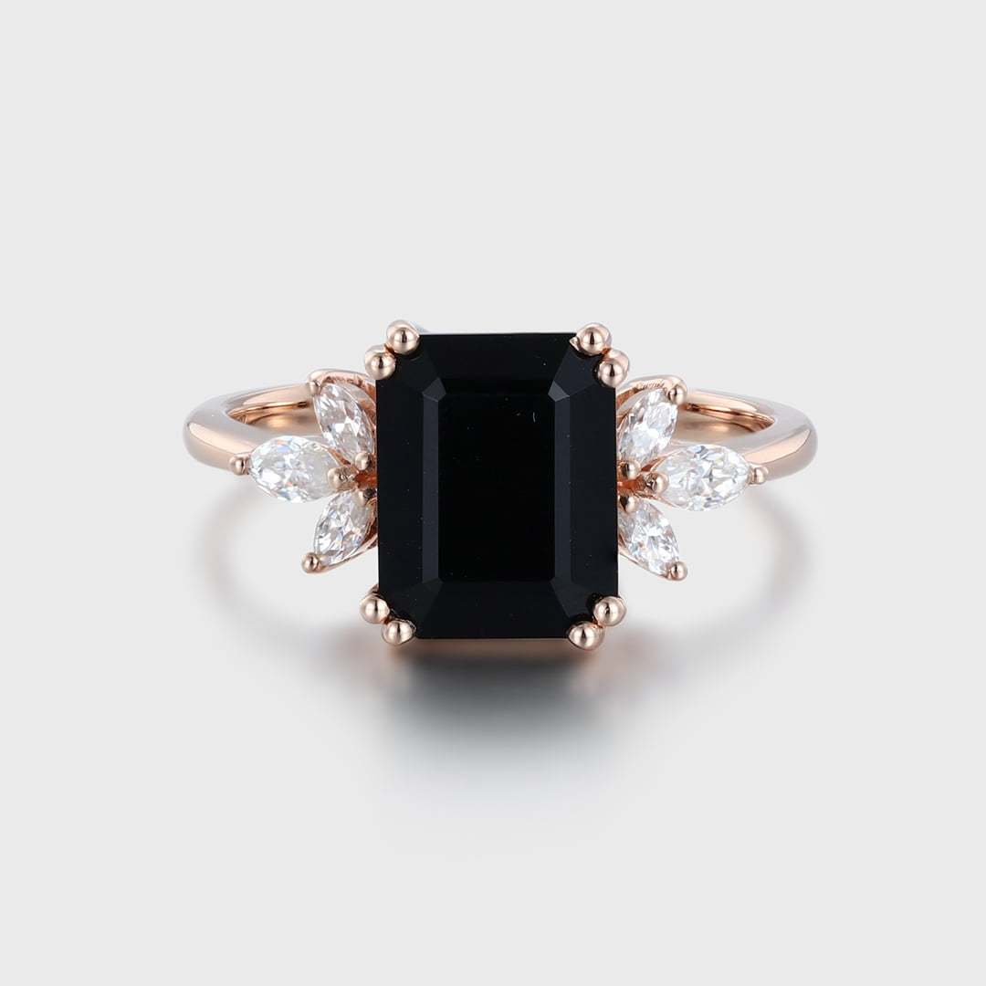 9x7mm Emerald Cut Black Onyx Ring In 14K Rose Gold