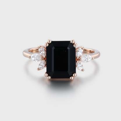 9x7mm Emerald Cut Black Onyx Ring In 14K Rose Gold