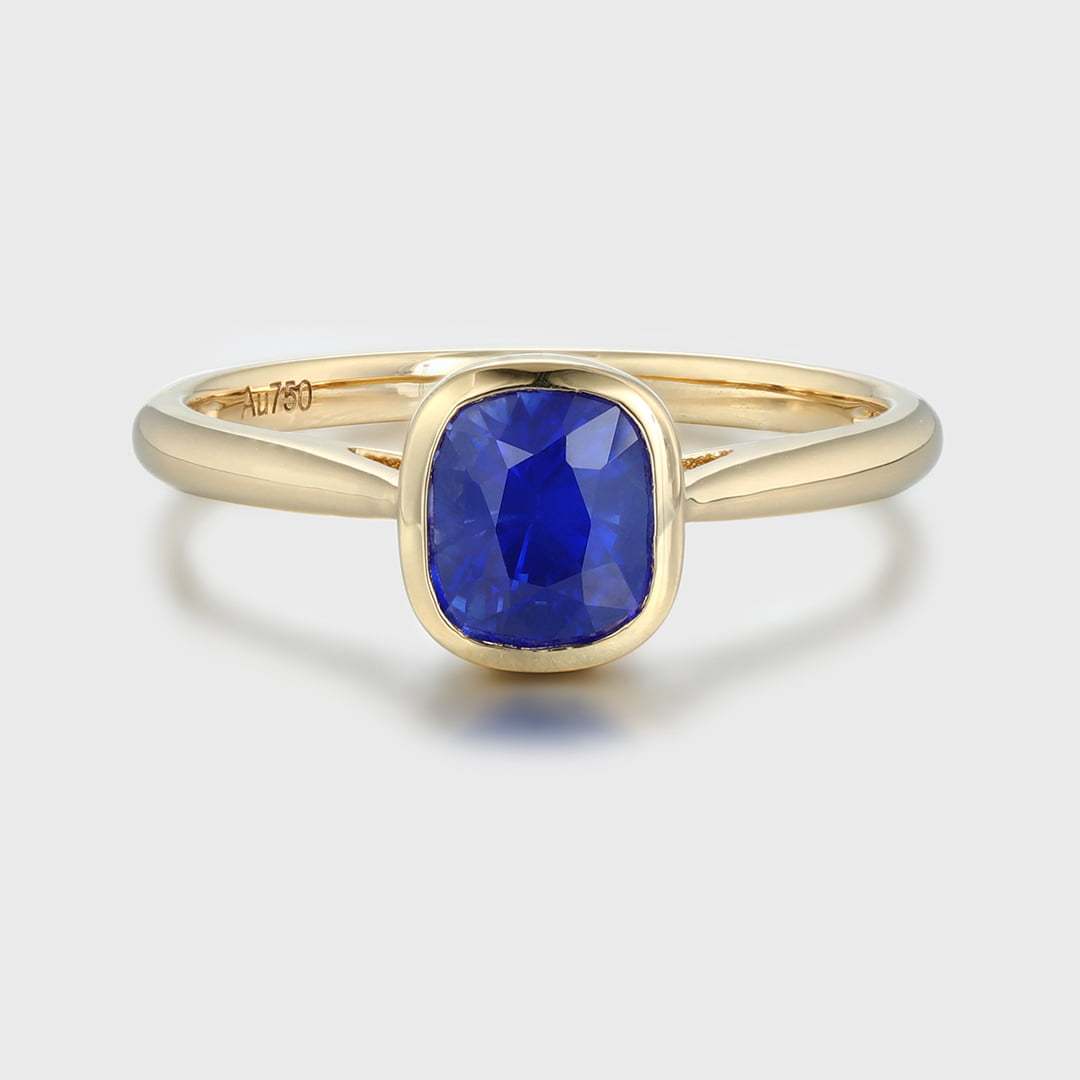14K Yellow Gold Cushion Cut Blue Sapphire Bezel Ring for Women