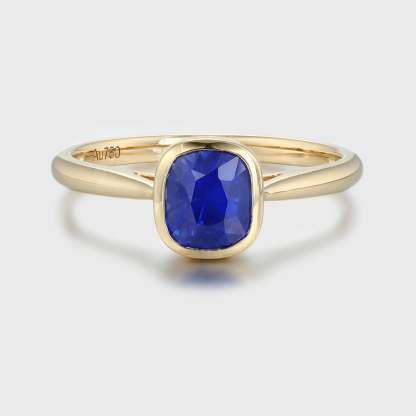 14K Yellow Gold Cushion Cut Blue Sapphire Bezel Ring for Women