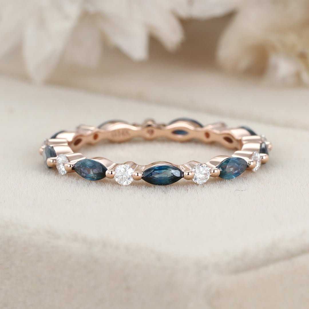 Blue green sapphire Marquise Wedding Band Women Unique Moissanite Wedding Band 14K Rose Gold Ring Stacking Matching Ring Anniversary Gift