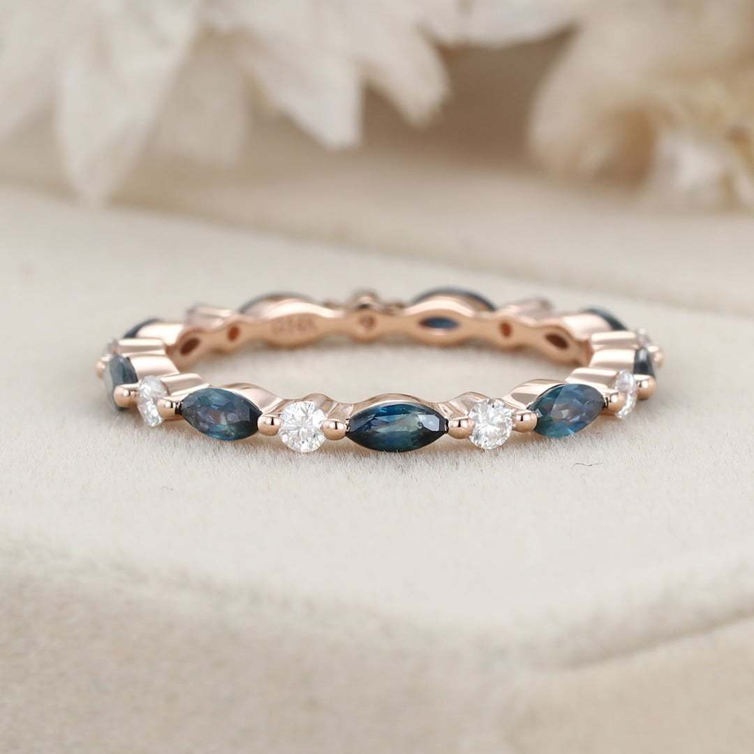 Blue green sapphire Marquise Wedding Band Women Unique Moissanite Wedding Band 14K Rose Gold Ring Stacking Matching Ring Anniversary Gift