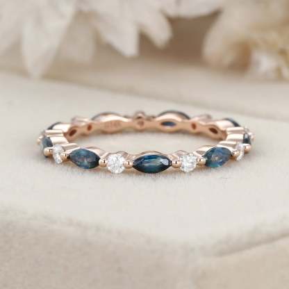 Blue green sapphire Marquise Wedding Band Women Unique Moissanite Wedding Band 14K Rose Gold Ring Stacking Matching Ring Anniversary Gift