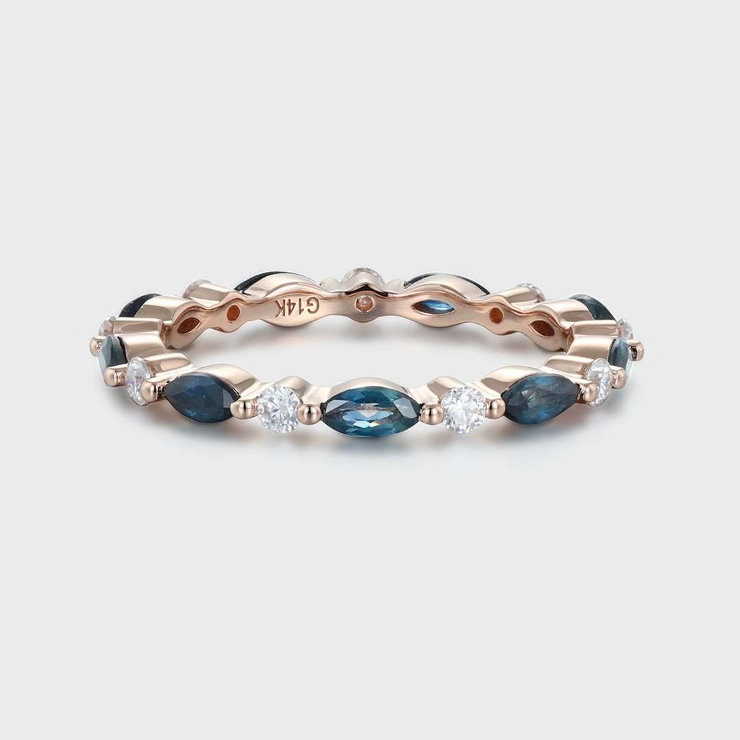 Blue green sapphire Marquise Wedding Band Women Unique Moissanite Wedding Band 14K Rose Gold Ring Stacking Matching Ring Anniversary Gift