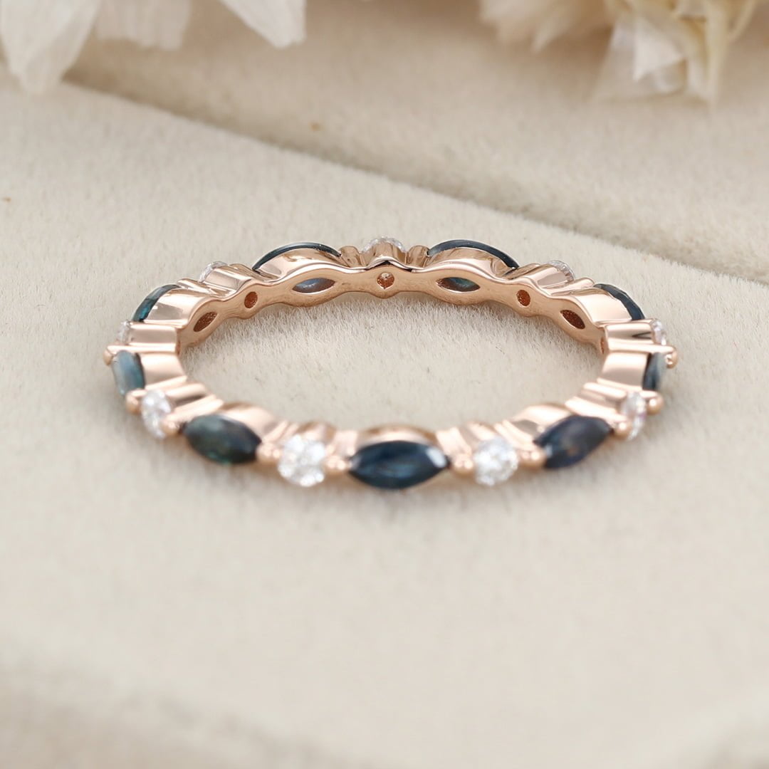 Blue green sapphire Marquise Wedding Band Women Unique Moissanite Wedding Band 14K Rose Gold Ring Stacking Matching Ring Anniversary Gift