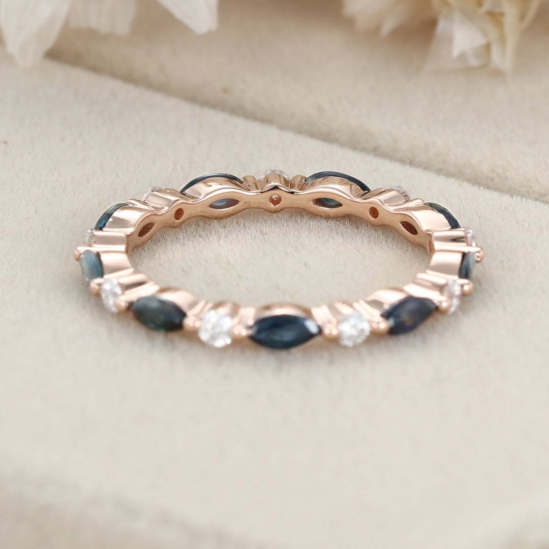 Blue green sapphire Marquise Wedding Band Women Unique Moissanite Wedding Band 14K Rose Gold Ring Stacking Matching Ring Anniversary Gift