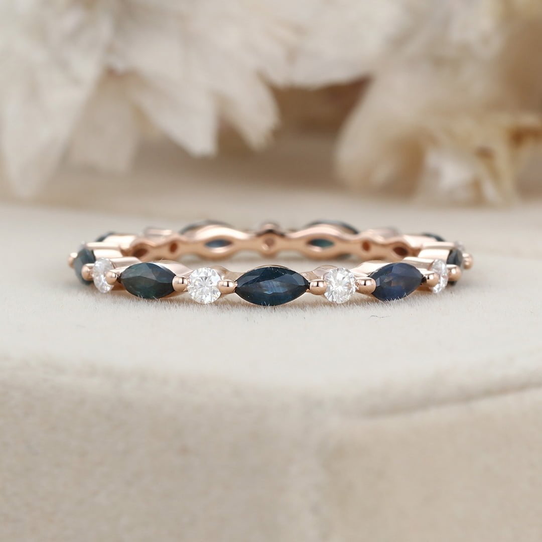 Blue green sapphire Marquise Wedding Band Women Unique Moissanite Wedding Band 14K Rose Gold Ring Stacking Matching Ring Anniversary Gift