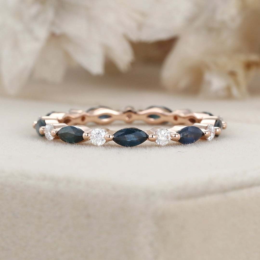 Blue green sapphire Marquise Wedding Band Women Unique Moissanite Wedding Band 14K Rose Gold Ring Stacking Matching Ring Anniversary Gift