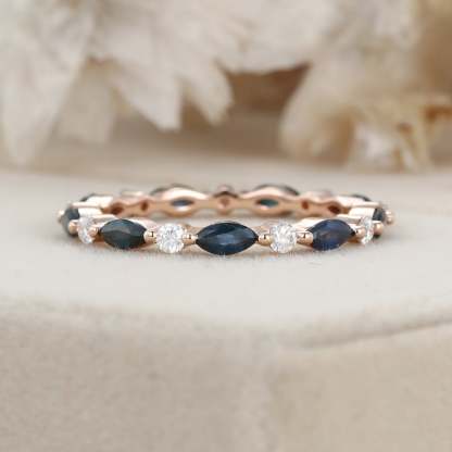 Blue green sapphire Marquise Wedding Band Women Unique Moissanite Wedding Band 14K Rose Gold Ring Stacking Matching Ring Anniversary Gift