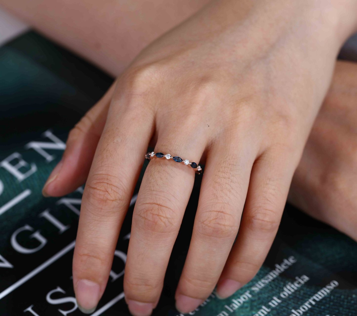Blue green sapphire Marquise Wedding Band Women Unique Moissanite Wedding Band 14K Rose Gold Ring Stacking Matching Ring Anniversary Gift
