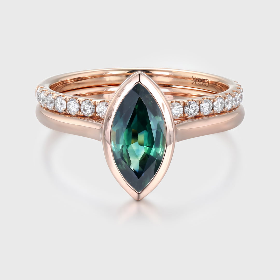 Bridal Set 10x5mm Marquise Cut Bezel Blue green Sapphire Ring Set Rose Gold Diamond Wedding Ring Delicate Rings Anniversary Gift