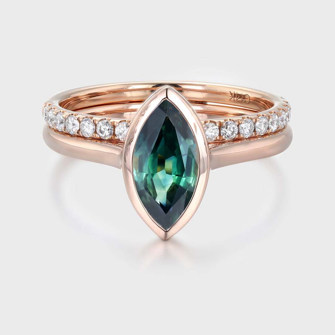 Bridal Set 10x5mm Marquise Cut Bezel Blue green Sapphire Ring Set Rose Gold Diamond Wedding Ring Delicate Rings Anniversary Gift