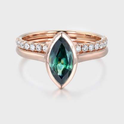 Bridal Set 10x5mm Marquise Cut Bezel Blue green Sapphire Ring Set Rose Gold Diamond Wedding Ring Delicate Rings Anniversary Gift
