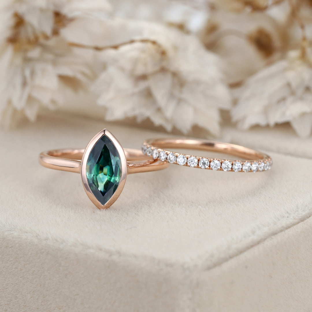 Bridal Set 10x5mm Marquise Cut Bezel Blue green Sapphire Ring Set Rose Gold Diamond Wedding Ring Delicate Rings Anniversary Gift