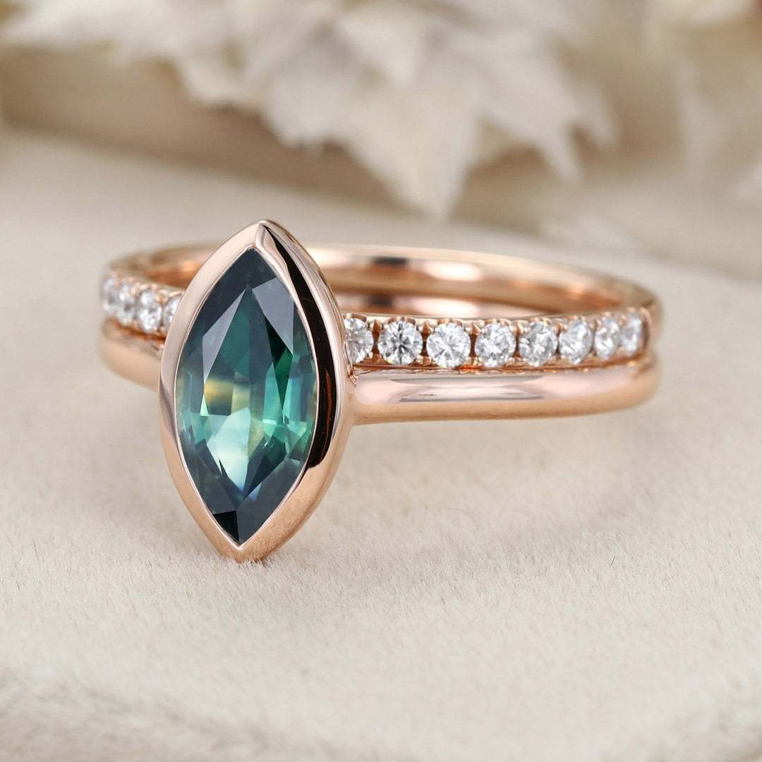 Bridal Set 10x5mm Marquise Cut Bezel Blue green Sapphire Ring Set Rose Gold Diamond Wedding Ring Delicate Rings Anniversary Gift