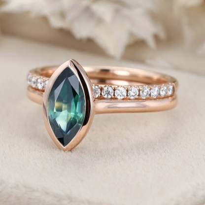 Bridal Set 10x5mm Marquise Cut Bezel Blue green Sapphire Ring Set Rose Gold Diamond Wedding Ring Delicate Rings Anniversary Gift
