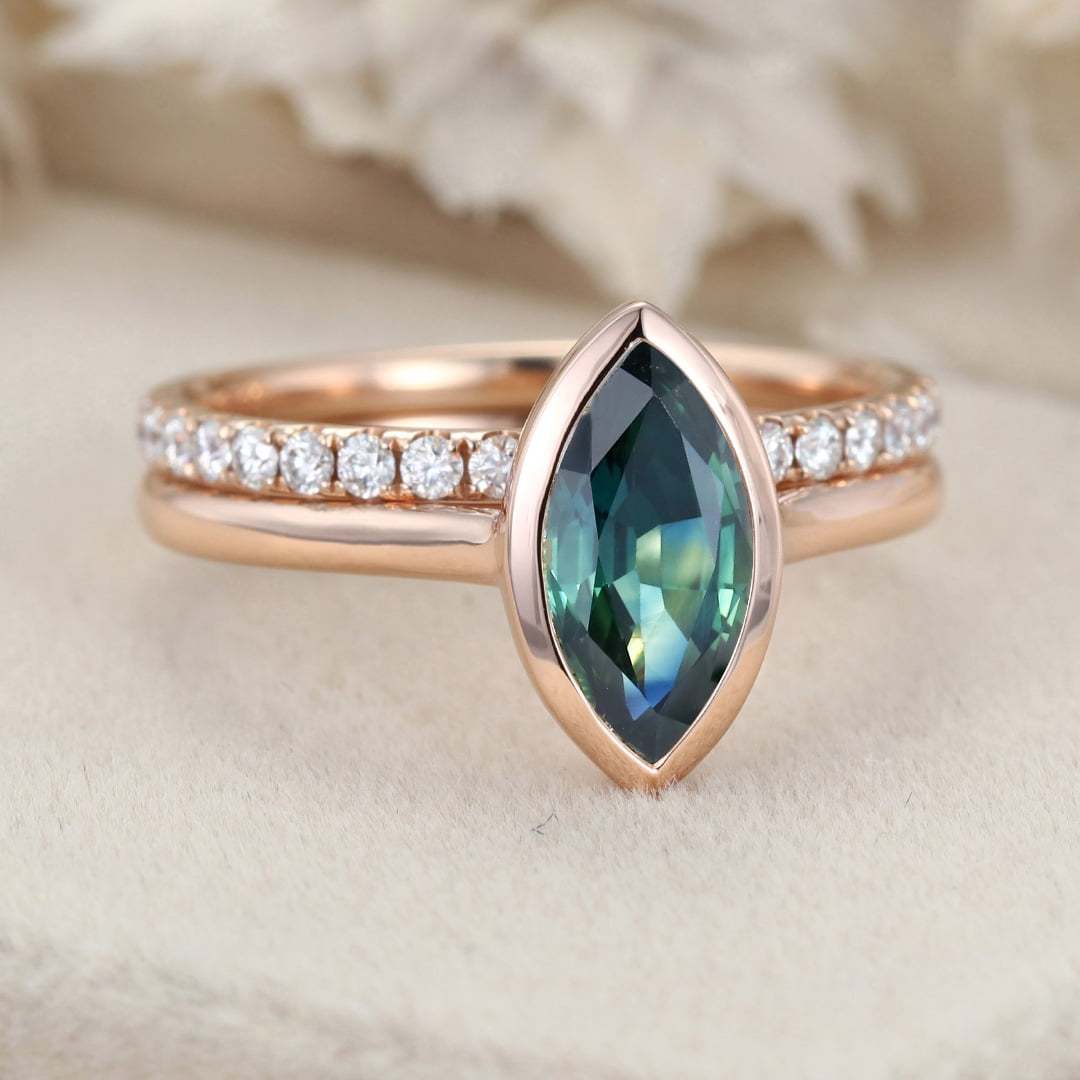 Bridal Set 10x5mm Marquise Cut Bezel Blue green Sapphire Ring Set Rose Gold Diamond Wedding Ring Delicate Rings Anniversary Gift
