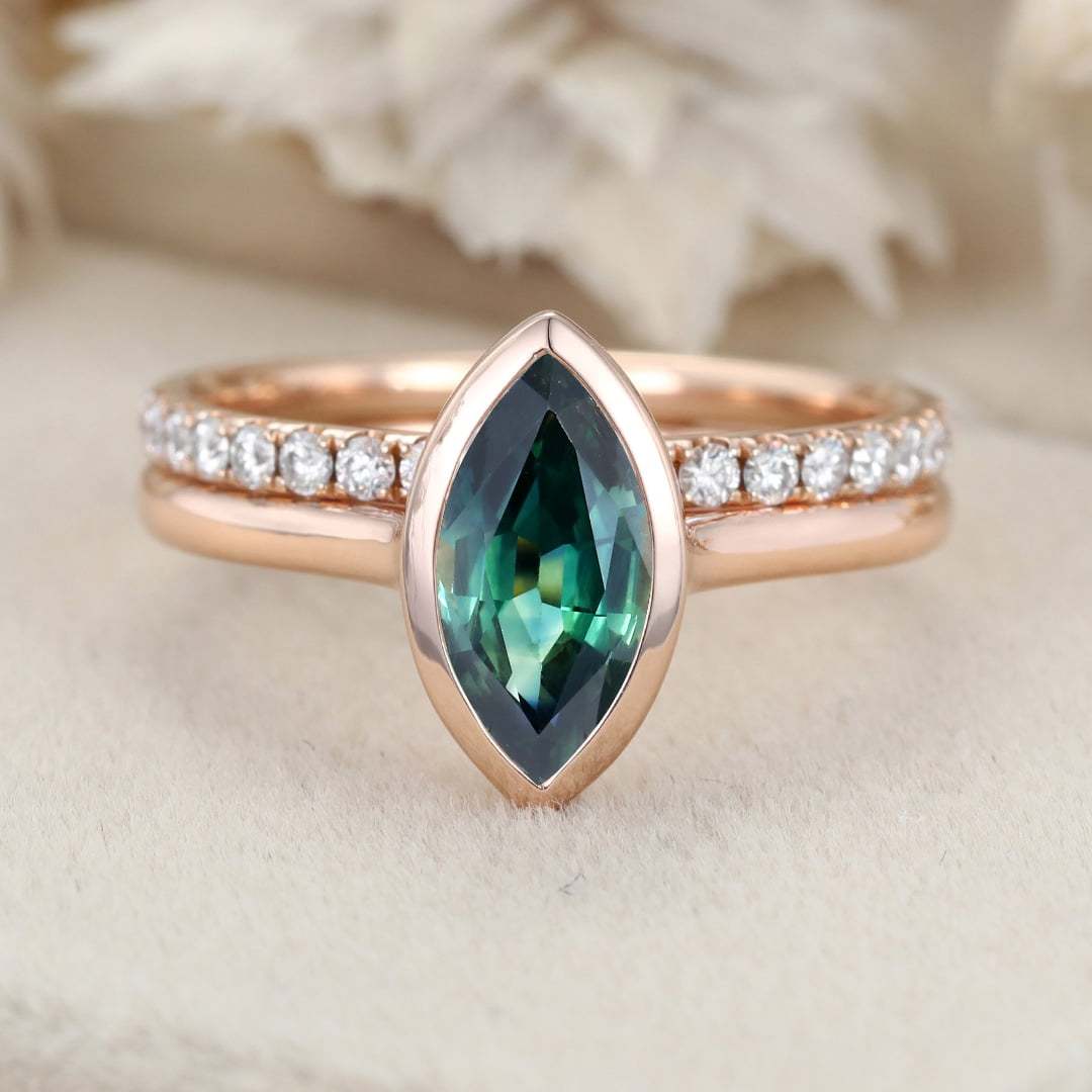 Bridal Set 10x5mm Marquise Cut Bezel Blue green Sapphire Ring Set Rose Gold Diamond Wedding Ring Delicate Rings Anniversary Gift