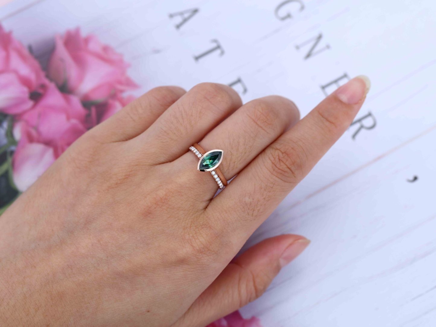 Bridal Set 10x5mm Marquise Cut Bezel Blue green Sapphire Ring Set Rose Gold Diamond Wedding Ring Delicate Rings Anniversary Gift