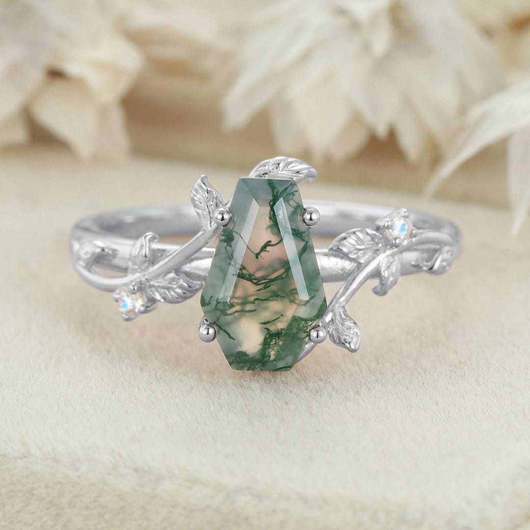 Coffin cut Natural Moss Agate engagement ring Unique Vintage Rose gold engagement ring Moonstone wedding ring Anniversary gift for her
