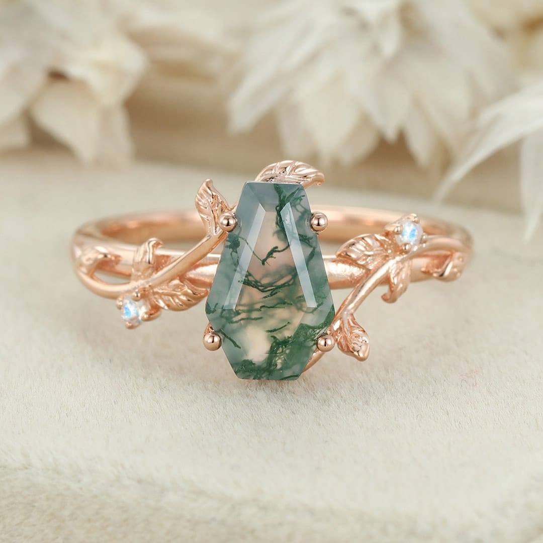 Coffin cut Natural Moss Agate engagement ring Unique Vintage Rose gold engagement ring Moonstone wedding ring Anniversary gift for her