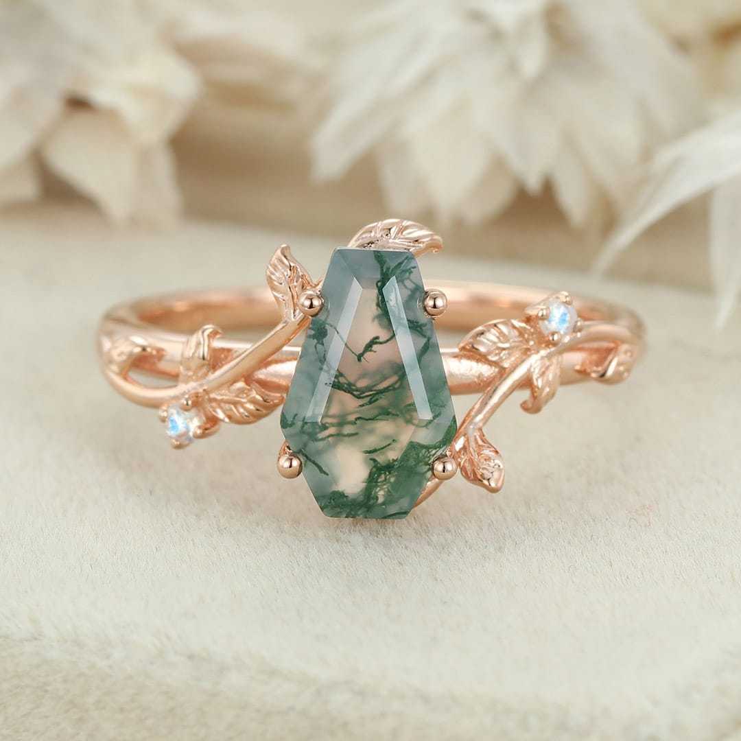 Coffin cut Natural Moss Agate engagement ring Unique Vintage Rose gold engagement ring Moonstone wedding ring Anniversary gift for her