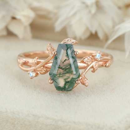 Coffin cut Natural Moss Agate engagement ring Unique Vintage Rose gold engagement ring Moonstone wedding ring Anniversary gift for her