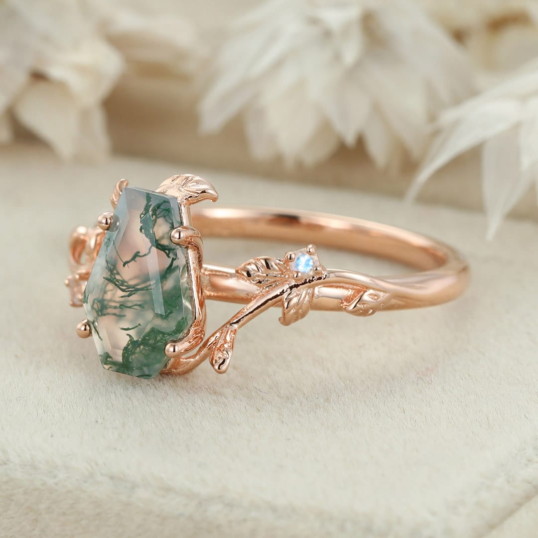 Coffin cut Natural Moss Agate engagement ring Unique Vintage Rose gold engagement ring Moonstone wedding ring Anniversary gift for her