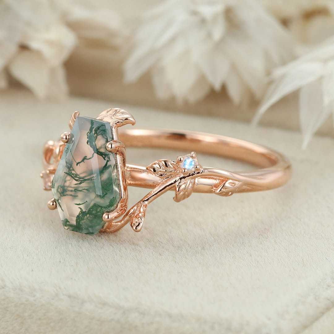 Coffin cut Natural Moss Agate engagement ring Unique Vintage Rose gold engagement ring Moonstone wedding ring Anniversary gift for her