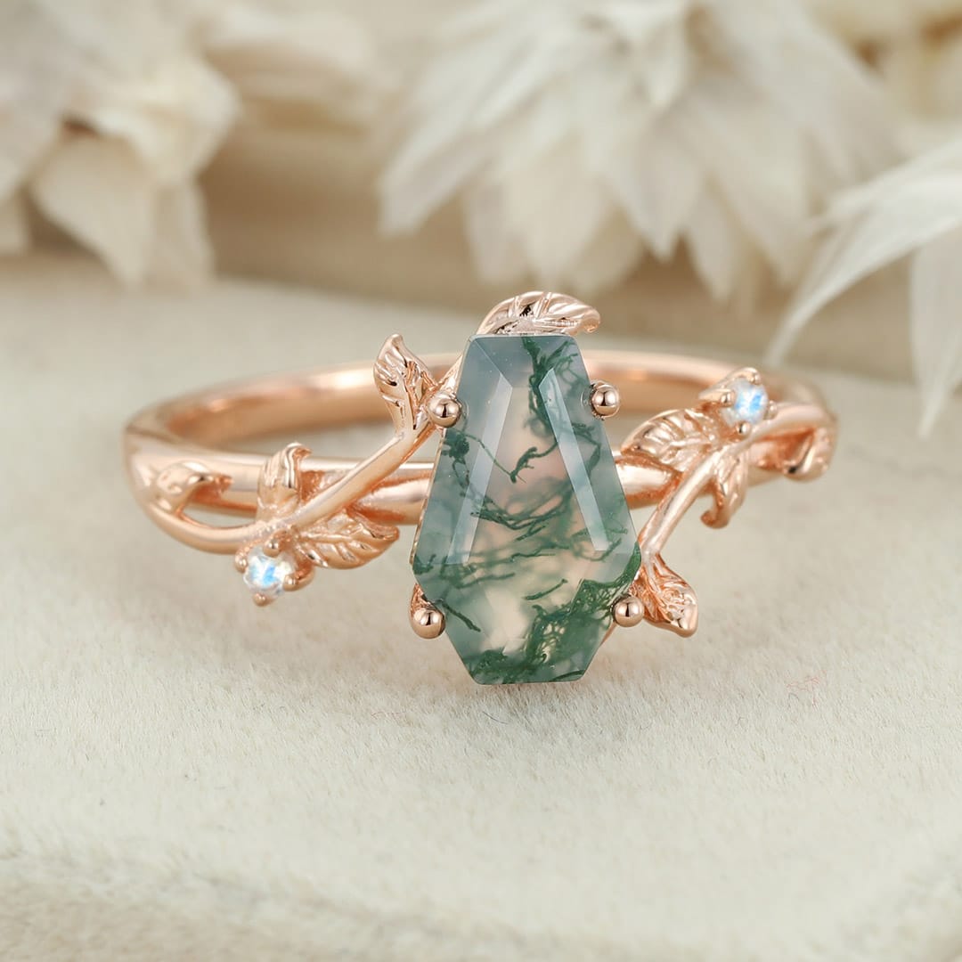 Coffin cut Natural Moss Agate engagement ring Unique Vintage Rose gold engagement ring Moonstone wedding ring Anniversary gift for her