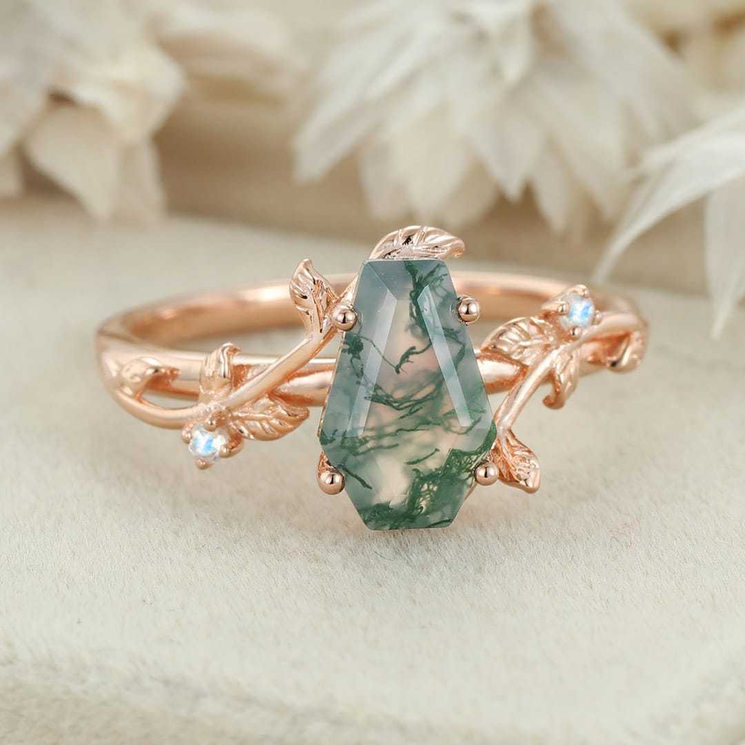 Coffin cut Natural Moss Agate engagement ring Unique Vintage Rose gold engagement ring Moonstone wedding ring Anniversary gift for her