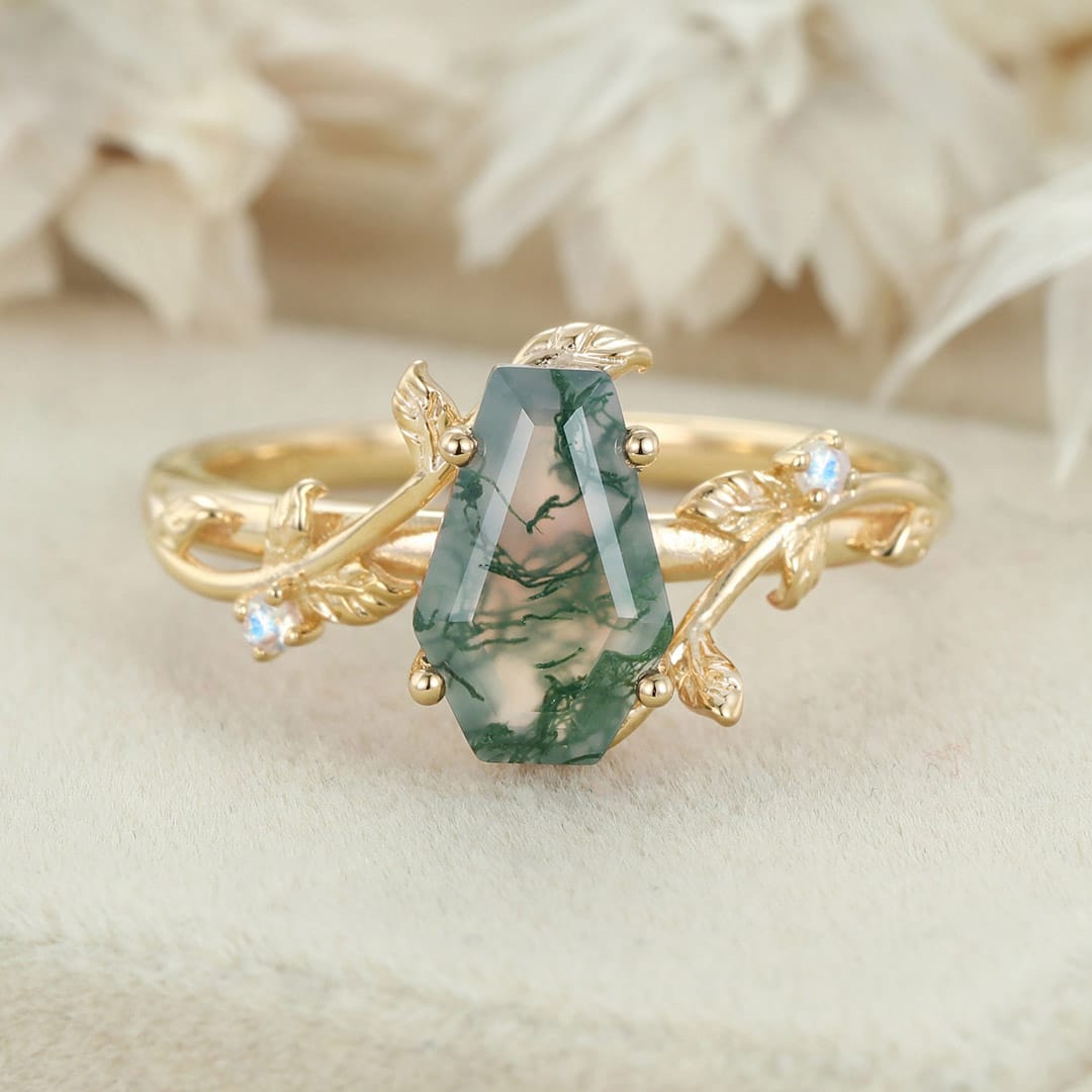 Coffin cut Natural Moss Agate engagement ring Unique Vintage Rose gold engagement ring Moonstone wedding ring Anniversary gift for her