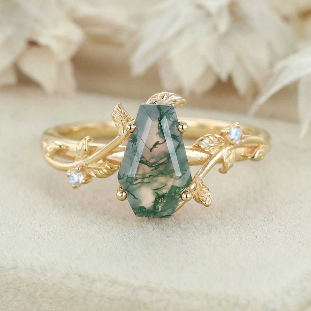Coffin cut Natural Moss Agate engagement ring Unique Vintage Rose gold engagement ring Moonstone wedding ring Anniversary gift for her