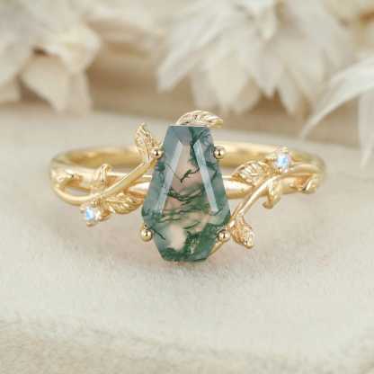 Coffin cut Natural Moss Agate engagement ring Unique Vintage Rose gold engagement ring Moonstone wedding ring Anniversary gift for her