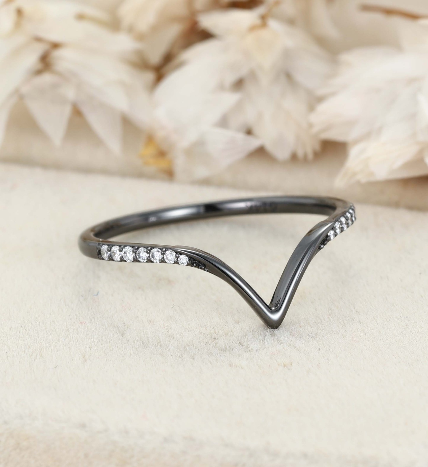 Curved Diamond Wedding Band Unique 14K Black Gold Moissanite Matching Band Bridal Promise Anniversary Gift
