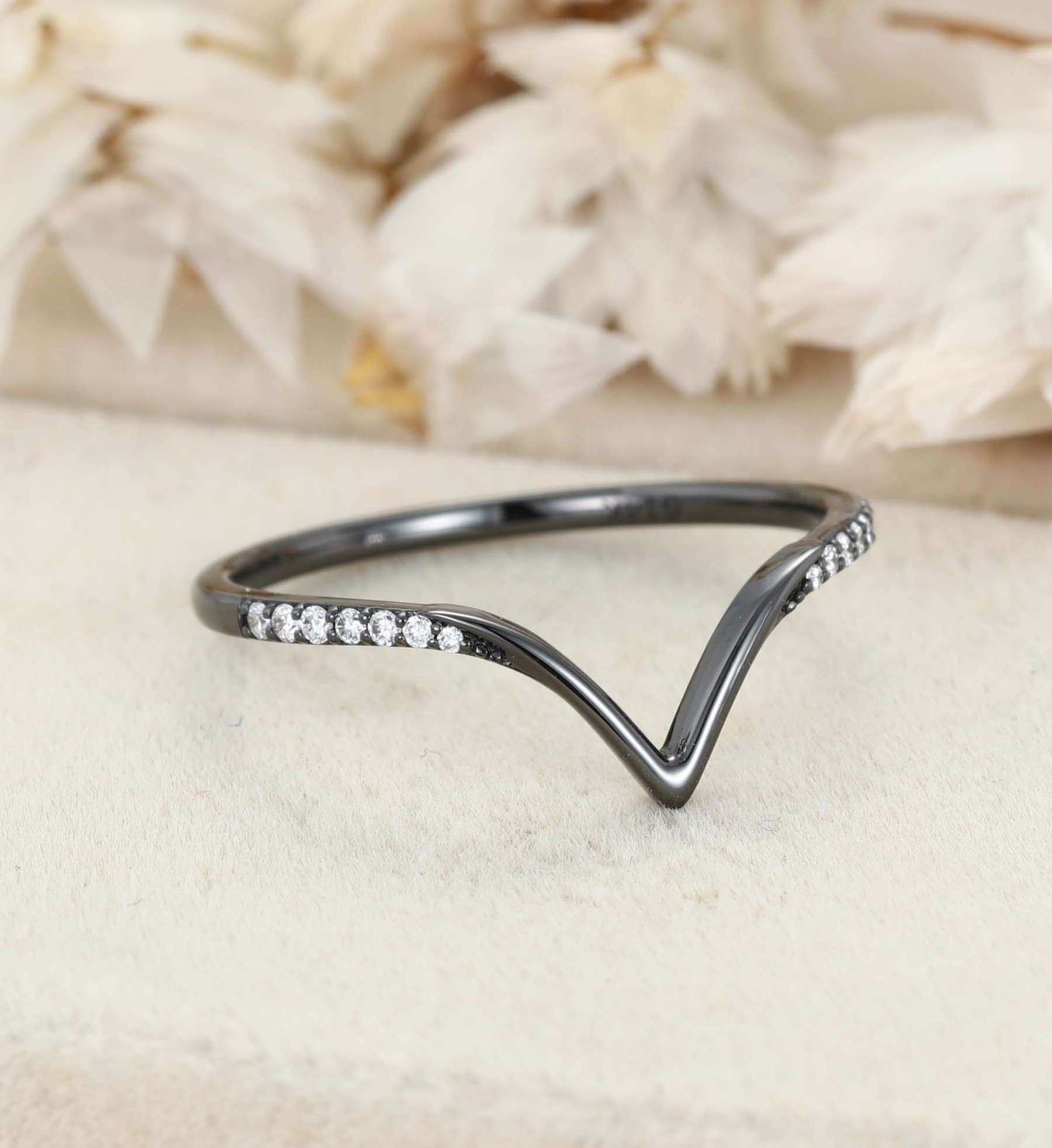 Curved Diamond Wedding Band Unique 14K Black Gold Moissanite Matching Band Bridal Promise Anniversary Gift