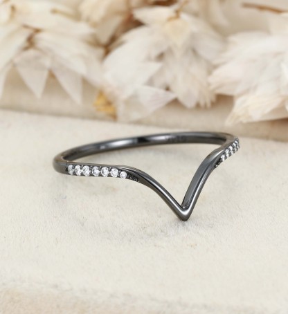 Curved Diamond Wedding Band Unique 14K Black Gold Moissanite Matching Band Bridal Promise Anniversary Gift