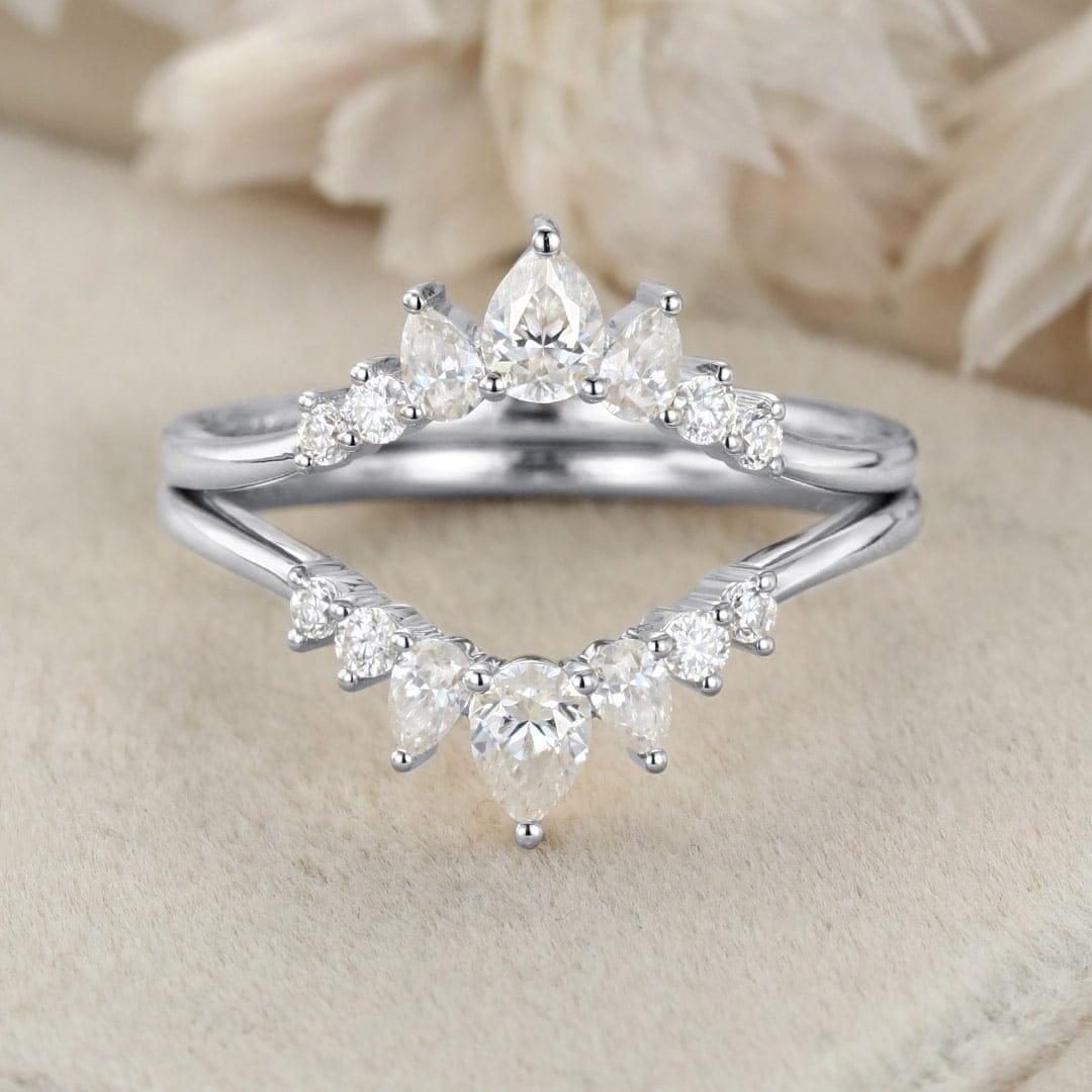 Curved Moissanite Wedding Band Pear Shaped Diamond Ring Yellow Gold Ring Vintage Wedding Ring Stacking Matching Bridal Promise Ring