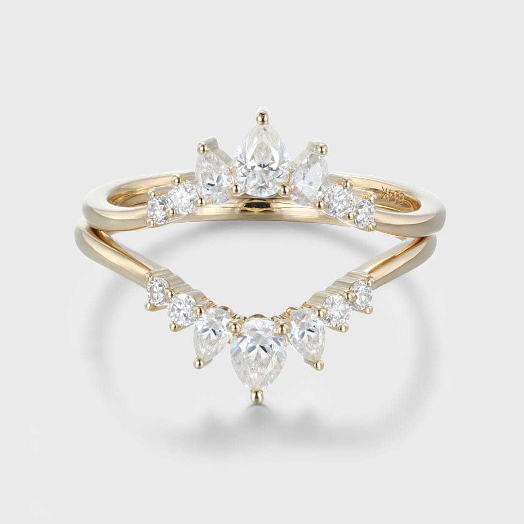 Curved Moissanite Wedding Band Pear Shaped Diamond Ring Yellow Gold Ring Vintage Wedding Ring Stacking Matching Bridal Promise Ring
