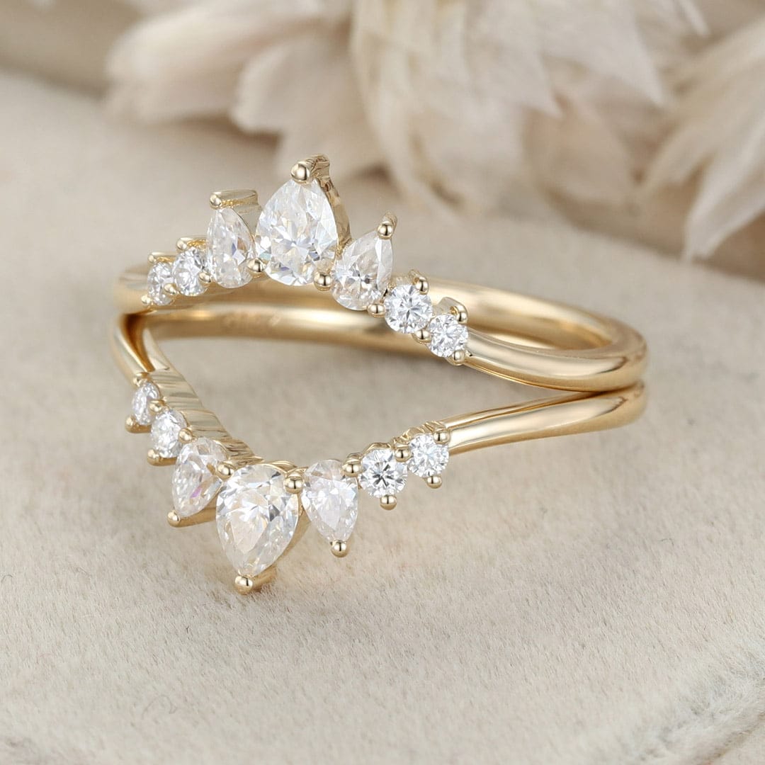 Curved Moissanite Wedding Band Pear Shaped Diamond Ring Yellow Gold Ring Vintage Wedding Ring Stacking Matching Bridal Promise Ring