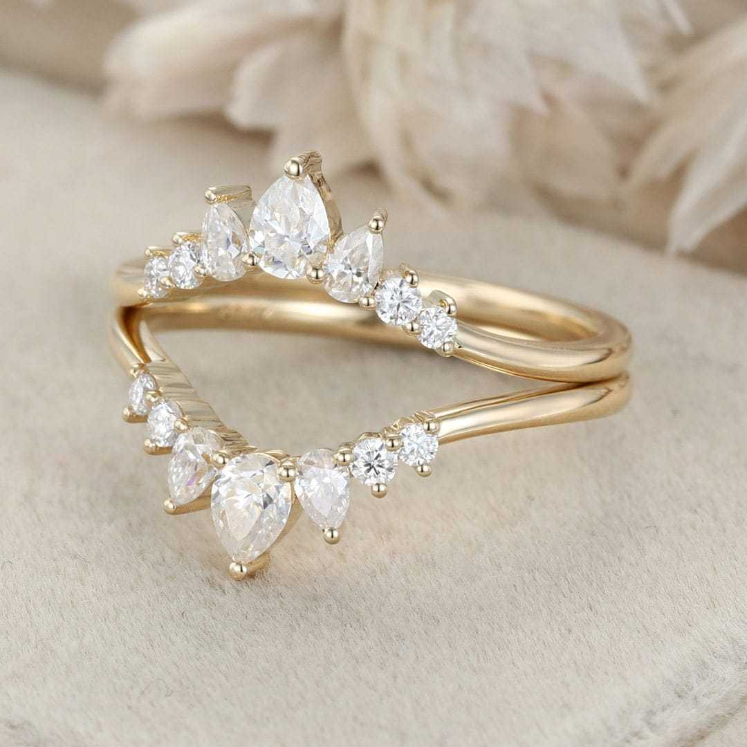 Curved Moissanite Wedding Band Pear Shaped Diamond Ring Yellow Gold Ring Vintage Wedding Ring Stacking Matching Bridal Promise Ring