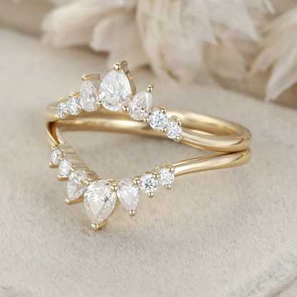 Curved Moissanite Wedding Band Pear Shaped Diamond Ring Yellow Gold Ring Vintage Wedding Ring Stacking Matching Bridal Promise Ring