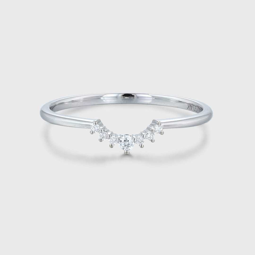 Curved Wedding Band 14K White Gold Unique Simple Diamond Wedding Band Women Stacking Ring Handmade Matching Band Custom Promise Gift For Her